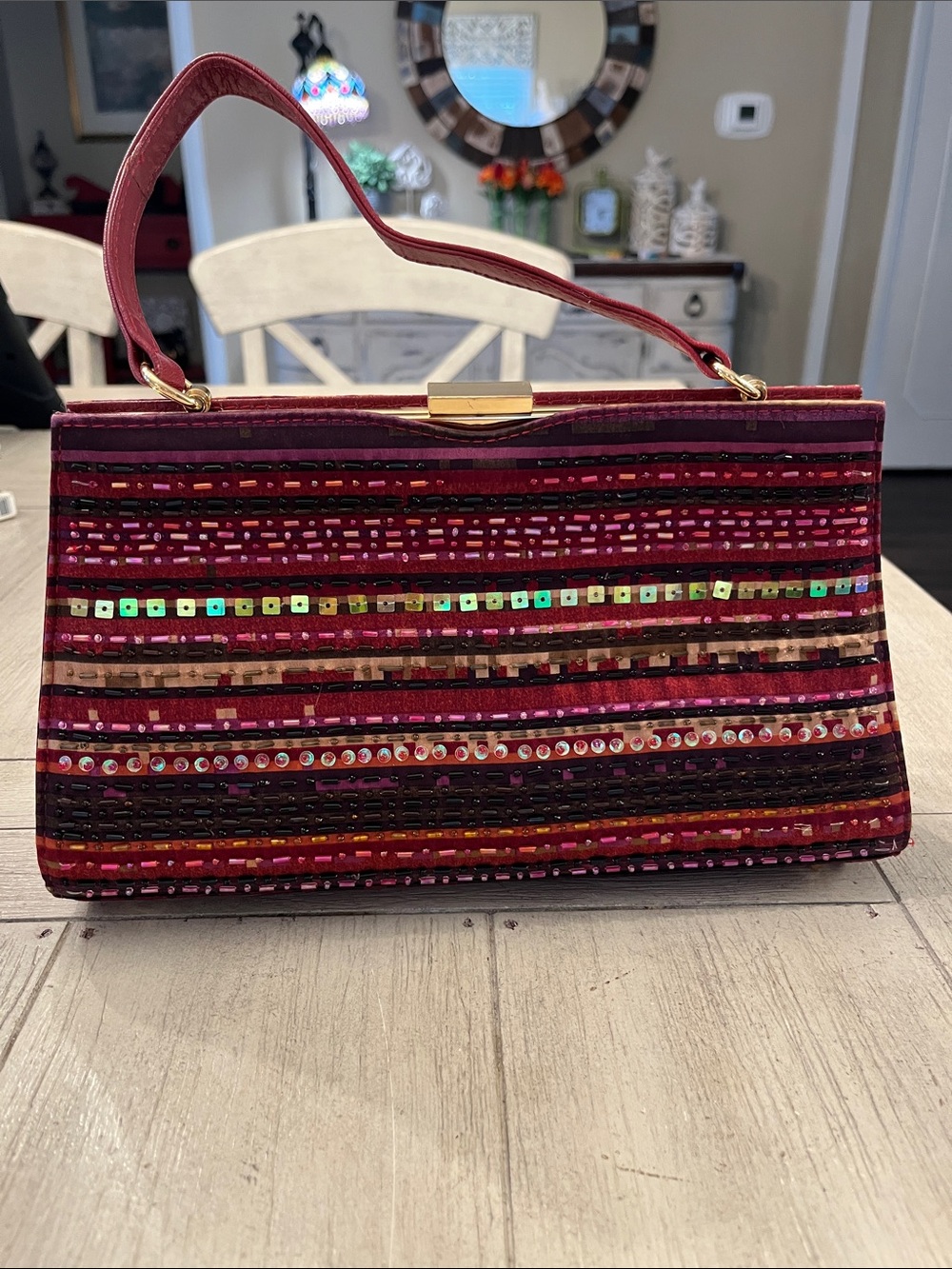 J.Renee Burgundy Sequin-Striped Top-Handle Satchel